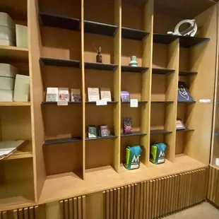 a display of wooden shelves in a store