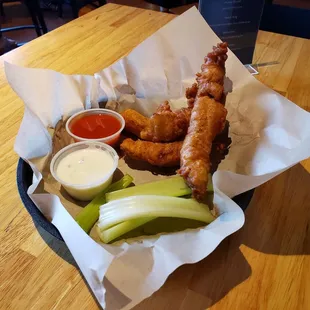 Scooby Snacks (chicken strips and celery with ranch or blue cheese and hot sauce)
