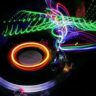 a turntable with neon lights