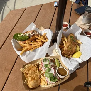 Lobster roll, fish tacos, fish and chips