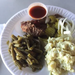 Brisket, green beans, potato salad