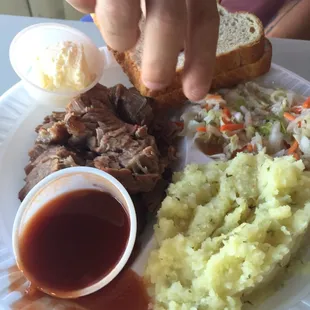 Brisket, potatoes, coleslaw