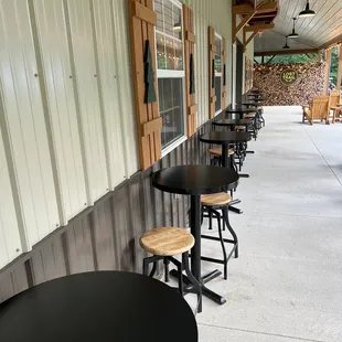 a row of tables and stools