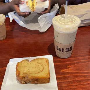 Cinnamon coffee cake &amp; Iced chai tea latte