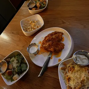 Nashville hot chicken, Mac and cheese, truffle fries and salads.