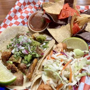 crispy pork belly + fried cod tacos