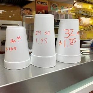 ows a row of plastic cups with numbers on them