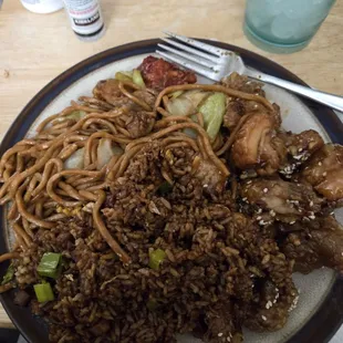 Sesame chicken, pork chowmein, and negro fried rice.
