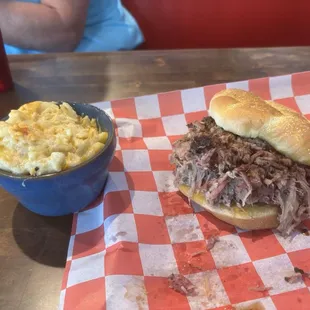 Homemade macaroni made with four cheeses and pulled pork sandwich with their homemade BBQ sauce that's fantastic.