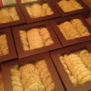 a variety of cookies in boxes