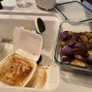 The eggplant sauce leaked all over the bag and the other containers.
