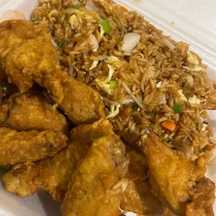 fried chicken wings and rice in a styrofoam container