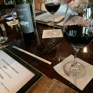 a glass of wine and menu