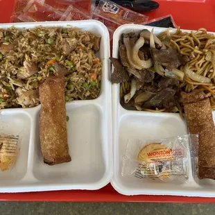 Fired noodles and rice with egg roll