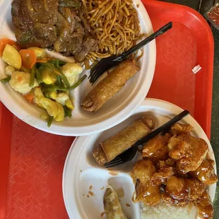 Mongolian Beef (left), Orange Chicken (right)