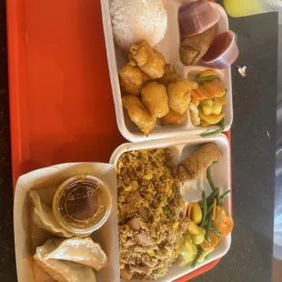 Fried rice, sweet and sour chicken, pot stickers.egg roll.