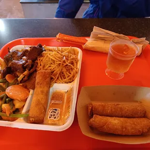 Magolian beef combo, $14.75. Plum wine, $7. Egg rolls, $5.25.