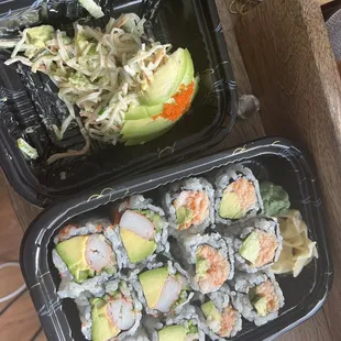 Avocado Salad; Spicy Lobster Maki; California Maki