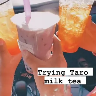 From L-R: Sunrise Redbull, Taro tea w/boba, Passionfruit Redbull.