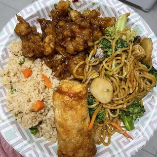 general tso's chicken, fried rice, veggie lo mein and egg roll on the finest china