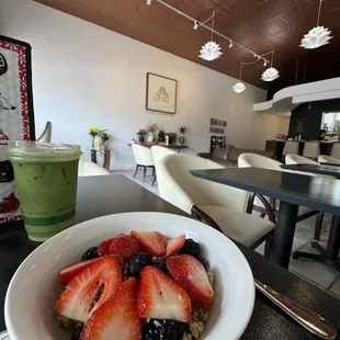 Matcha Latte and Yogurt and Fruit Bowl with Granola