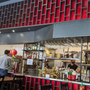 a view of a restaurant counter