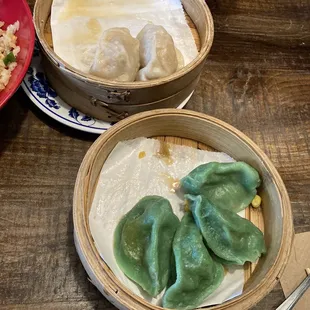 Sweet potato dumplings (green) and standard pork dumplings (white)