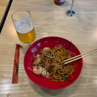Honey pecan shrimp with Li Mien noodles