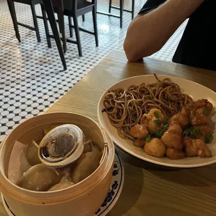 pork dumplings, orange chicken