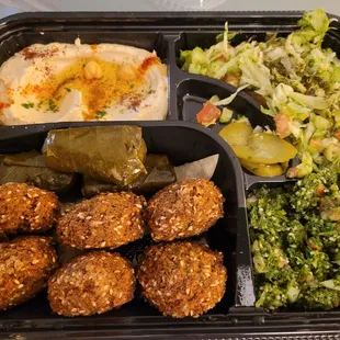 Veggie platter - hummus, salad, tabbouleh, falafel, dolmades