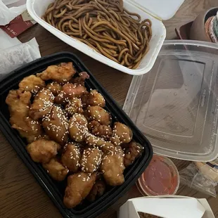 Sesame chicken, noodles, fried rice