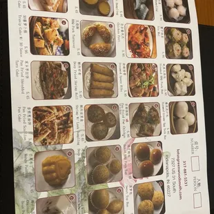 a menu with a variety of food items