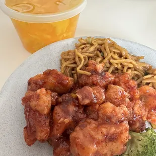general tso lunch combo with noodles i lieu of rice and egg drop soup in lieu of a drink.  Im pretty full and havent opened the soup yet.
