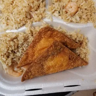 Burnt crab ragoon and shrimp-less shrimp fried rice for $12.95.