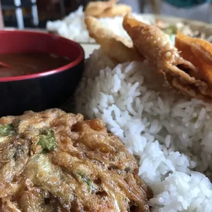 Vegetable Egg Foo Young (Gravy on Side), White Rice, Crab Rangoon