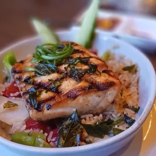 Salmon with cilantro fried rice.
