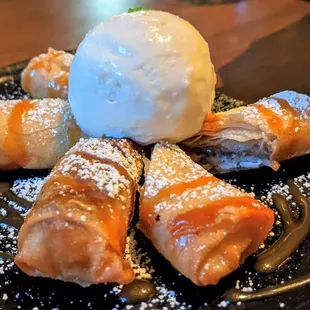 07/07/23 Deep Fried Banana Roll - Banana wrapped in a Rice Paper Crepe, Honey, Coconut Gelato