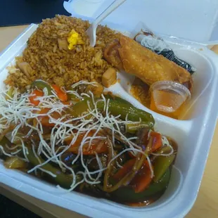 Mongolian Beef, horrible do not get this.  Looks okay but sauce is bland and egg roll is greasy.