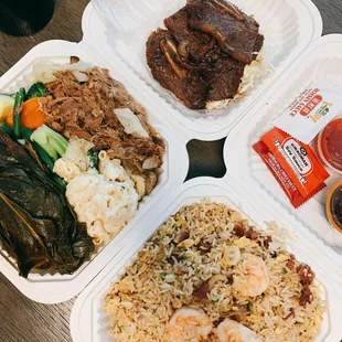Kalua Pork and Lau Lau Combo w/ veggies subbed for Rice; Duck Fat Fried Rice, Kalbi