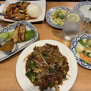 #4 Chicken Satay &amp; #6 Spring Salads. #15 Sweet and Sour w/chicken (Top plate served with rice). #23 Pad See Ew w/ beef &amp; chicken