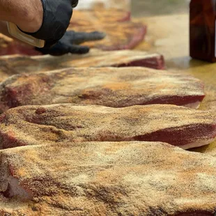 Brisket and secret seasoning.