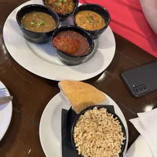 Sample of jambalaya, gumbo, étouffée, and dirty rice.