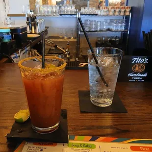 Basic Bloody Mary with Tito's and an Olive garnish, rimmed with what seemed to be an Old Bay and Tajin mix.