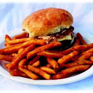 a hamburger and french fries