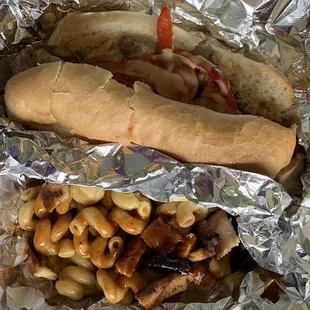 Cheesesteak with pork Mac &amp; cheese
