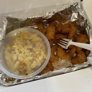 Popcorn shrimp and Mac n cheese