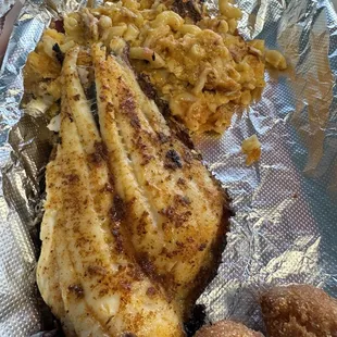 Blackened flounder with crab macaroni and cheese
