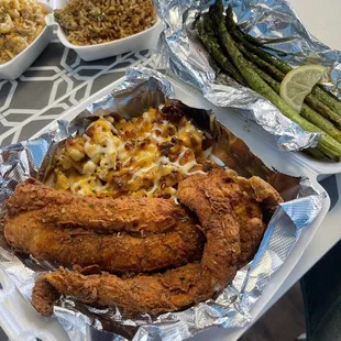 fried whiting, mac, asparagus