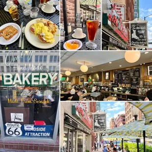 Collage of all the best moments from our stay: tasty donut hole &amp; orange slice, filling entree, homemade toast, and a cool downtown vibe.