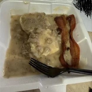 Single biscuit and gravy and a side of bacon